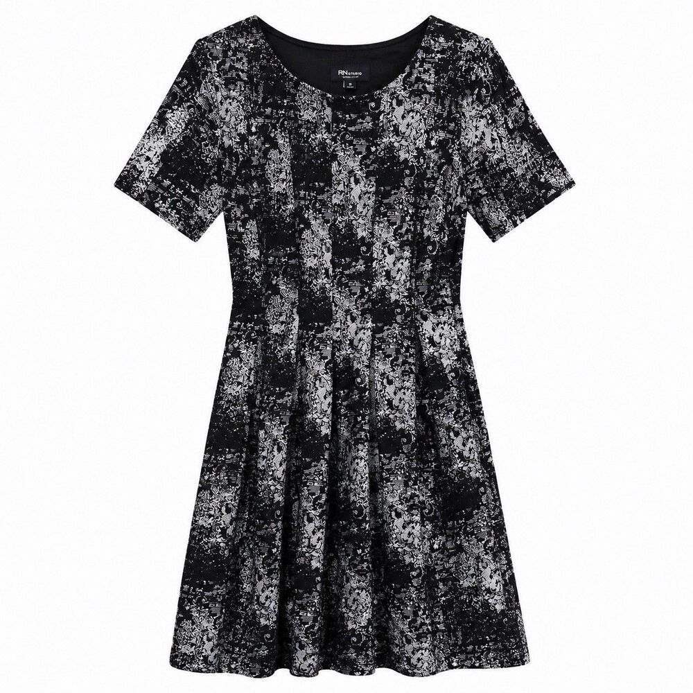RN Studio Women’s 3/4 Sleeve Midi Fit & Flare Black & White Dress Size 10 NWOT